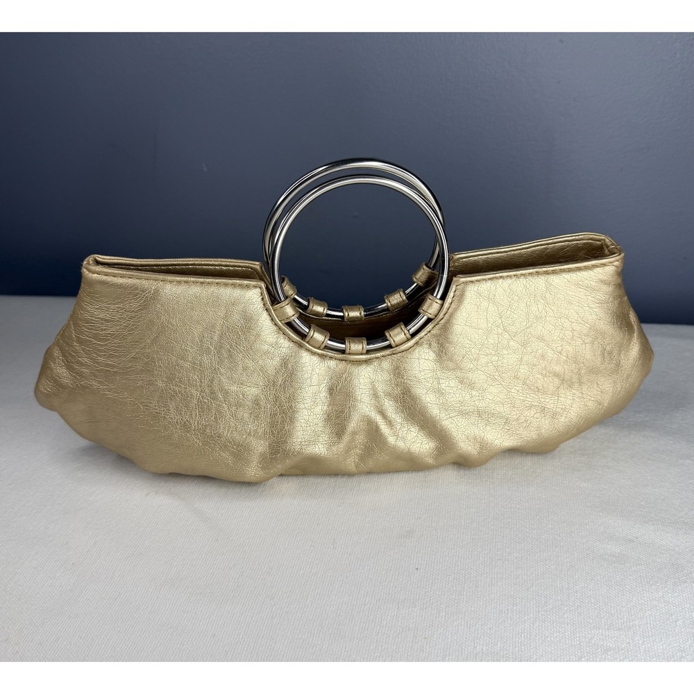 Metal Ring Wristlet Clutch Bag Small Gold Lame Glam Zip Cocktail Party Event